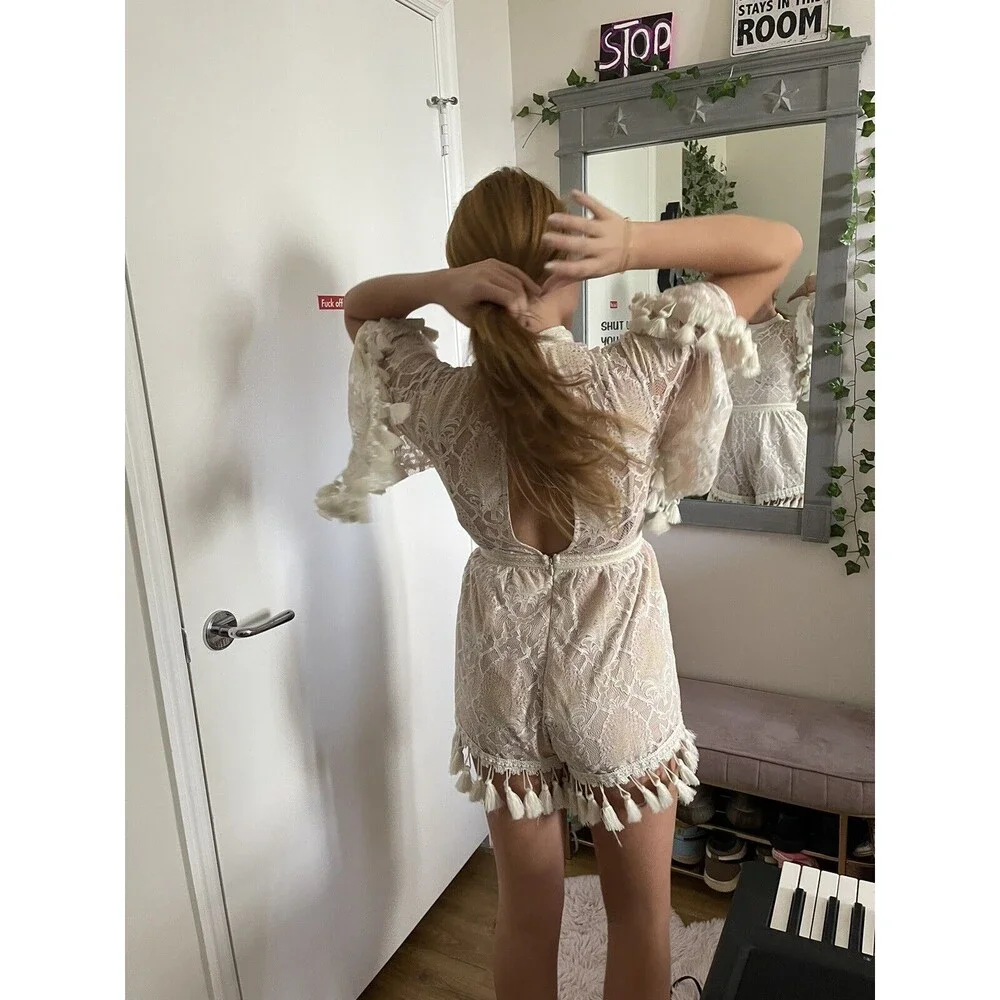 L’atiste by Amy Lace Tassel Romper-Cream/Blush Lined Size:  S - Picture 8 of 16